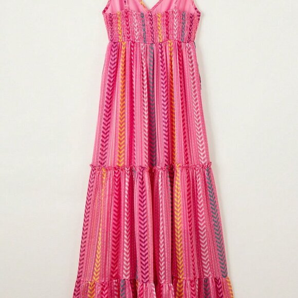 Hot Pink Boho Women's Western Geometric Tie Ruffle Halter Long Dress - Picture 7 of 8